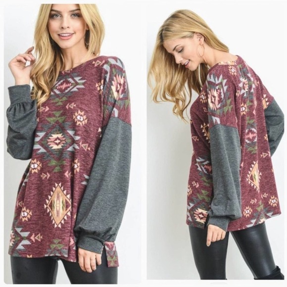 First Love Bohemian Aztec Ethnic Print Long Sleeve Shirt Puff Sleeves NWT Large - Picture 3 of 12